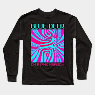 Blue deer on a pink meadow Long Sleeve T-Shirt